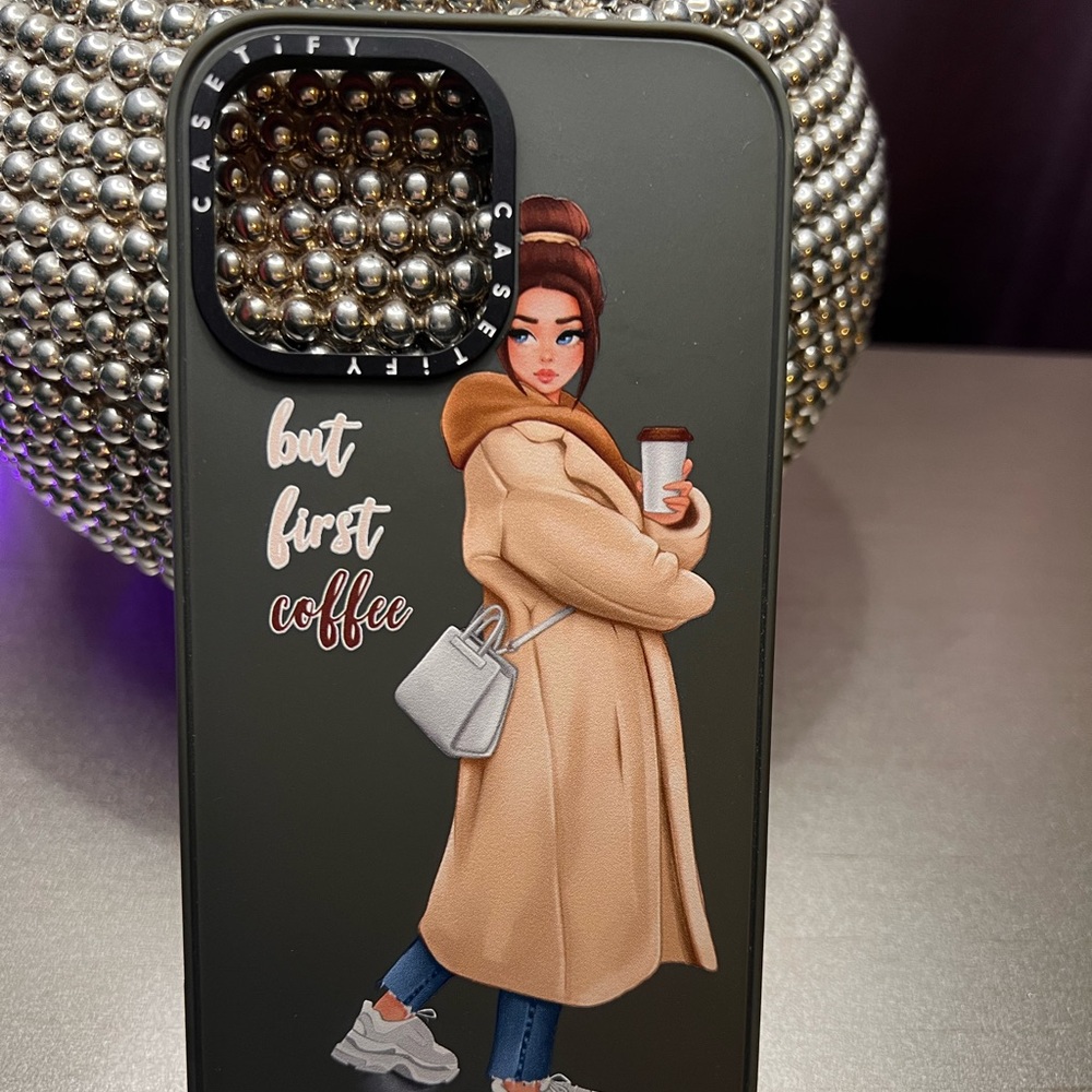 Casetify Styled Lady with Coffee in Olive 13 Pro Max